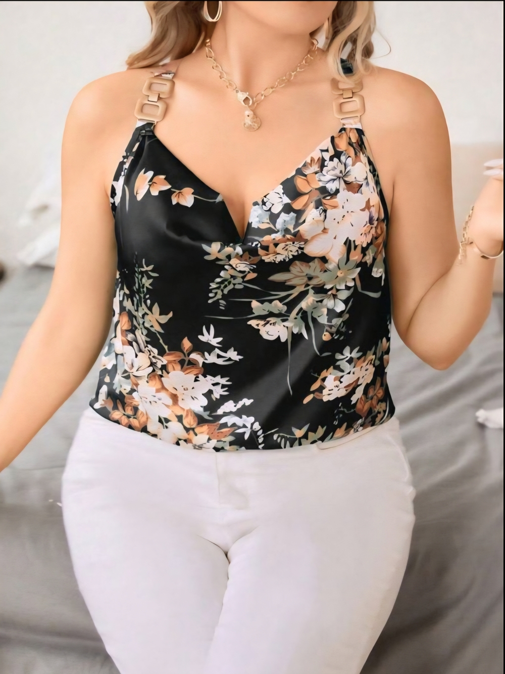 SHEIN Black Floral Satin Cowl Neck Cami